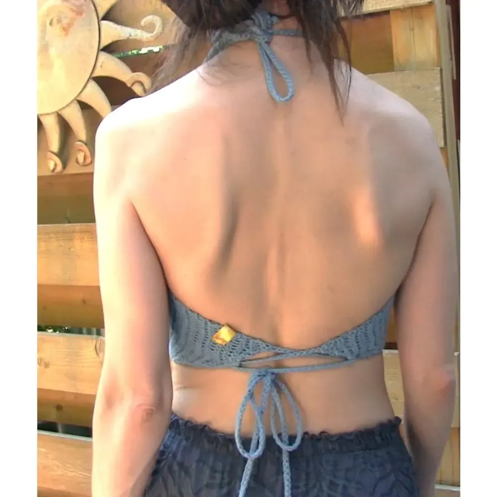 Blue Flower Of Life Halter Top- Sacred Geometry Crochet- 100% Cotton - Picture 3 of 3